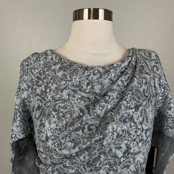 Betsy & Adam Sequined Lace Cocktail Dress Size 8 Blue Draped Back Midi Sheath - Picture 7 of 14